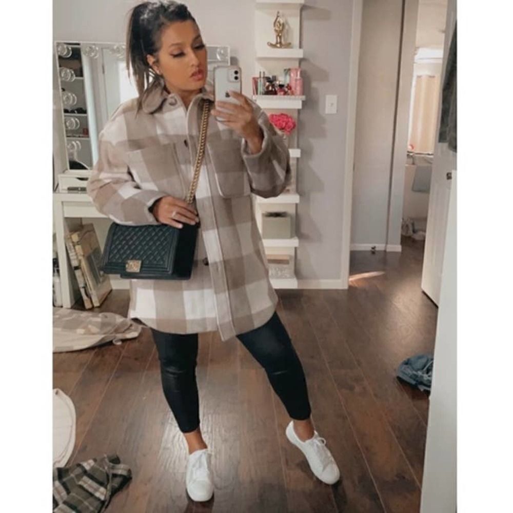 Oversized Shirt Plaid Jacket Shacket Neutrals New - Picture 7 of 16